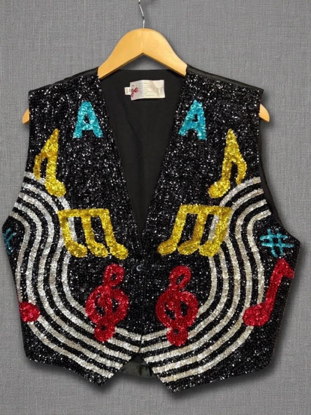 Vintage 80s 90s Sequin Music Note Vest XL Black Beaded Jazz Band Festival Retro